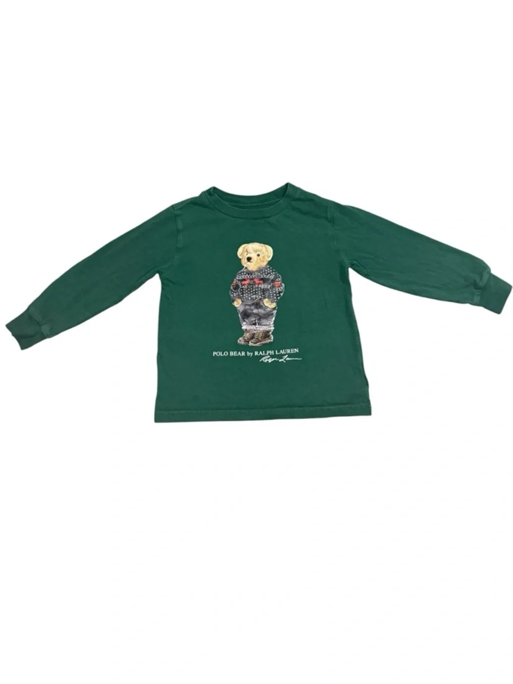 Polo Ralph Lauren 3T Unisex Kids Big Bear Long Sleeve Cotton Green Shirt Preppy